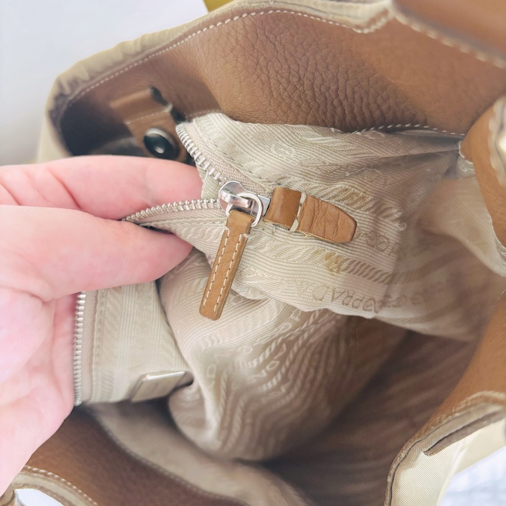 Prada Half Moon Hobo Bag Jumbo Logo Brown Tan Leather Nylon‎ Designer Luxury COA - Picture 12 of 15